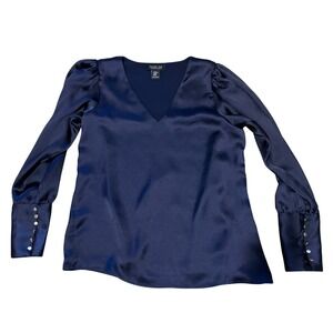 Rachel Zoe Navy Blue Satin V-Neck Blouse Puff Shoulder Button Cuff XS 1258942